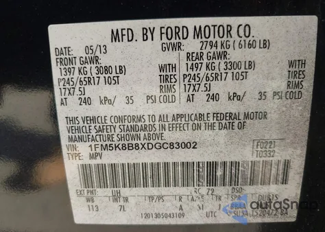 2013 Ford Explorer z USA, uszkodzony, nr VIN 1FM5K8B8XDGC83002